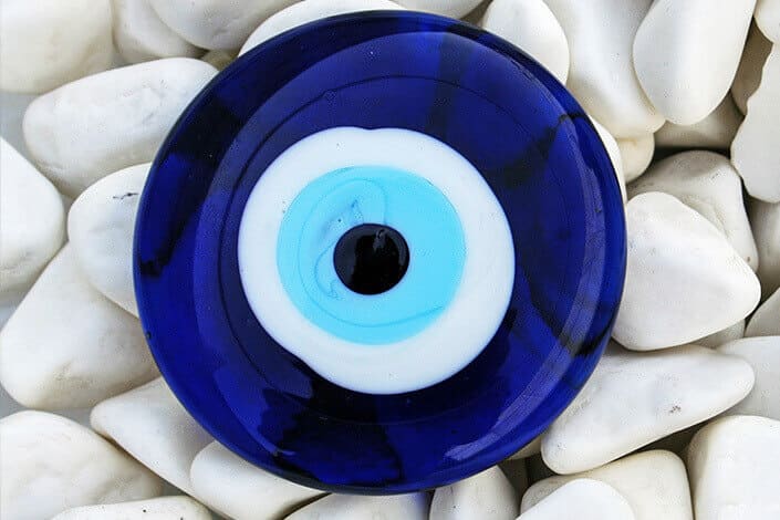 An evil eye charm, also known as a nazar amulet