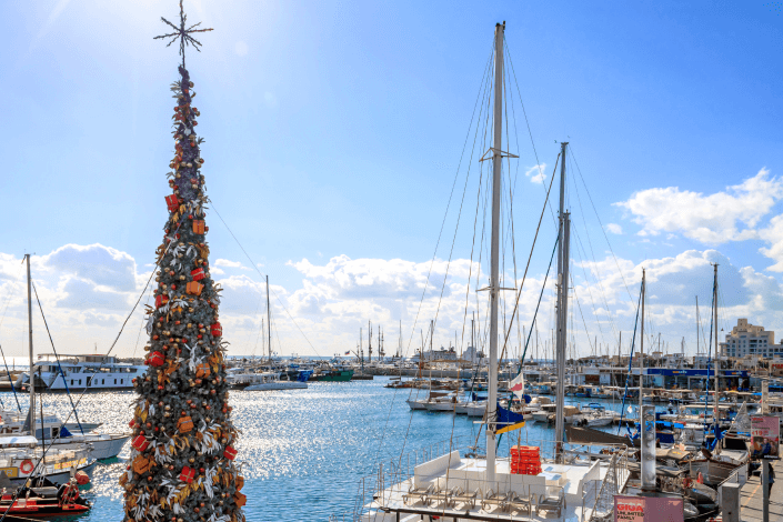 Christmas Celebrations View of the Old port, North Cyprus, December 21st, 2021